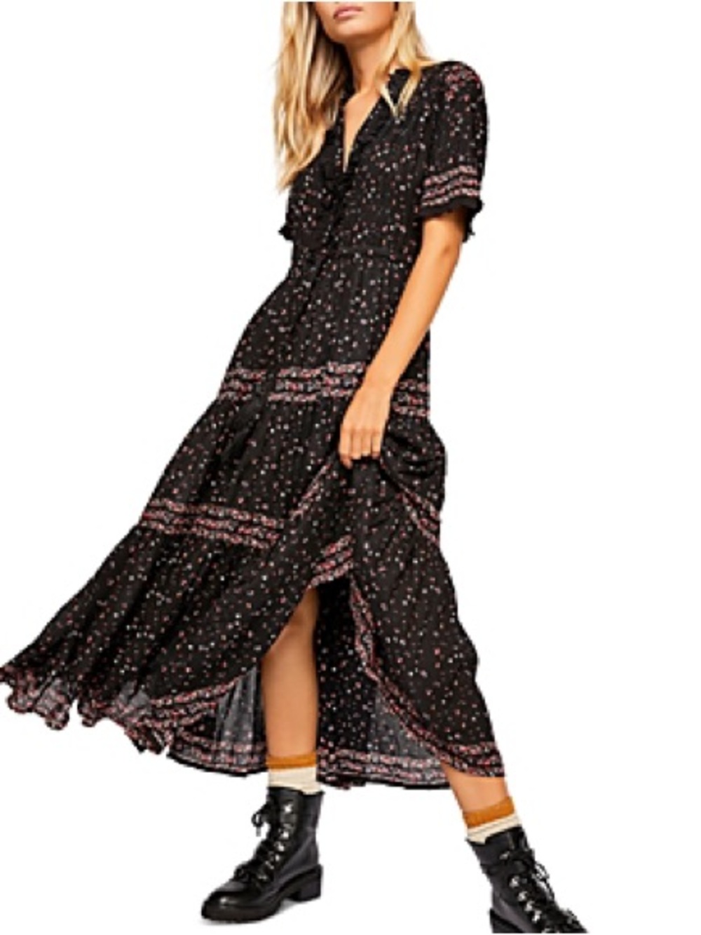 Free People Rare Feelings Black Floral Print Tiered Pleated Maxi Dress. Small - Picture 5 of 6